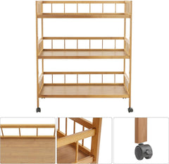 Bamboo Bar Carts with 3 Tier Storage Shelves Holder, Home Serving Carts on Wheels, Storage Organizer Utility Cart for Kitchen, Bar, Dinning Room