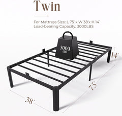 14 Inch Metal Bed Frame Twin Size, Heavy Duty Balck Platform Twin Bed Frames with Round Corner Legs, Mattress Slide Stopper, No Box Spring Needed, Easy Assembly