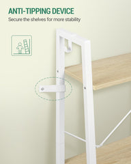 Ladder Shelf, Bookshelf Bookcase, Freestanding Corner Storage Shelve with 2 Hooks for Home Office, Living Room, Kitchen, Bedroom, Industrial, 11.8"Dx13.4"Wx63"H, White Oak and White BC03216W