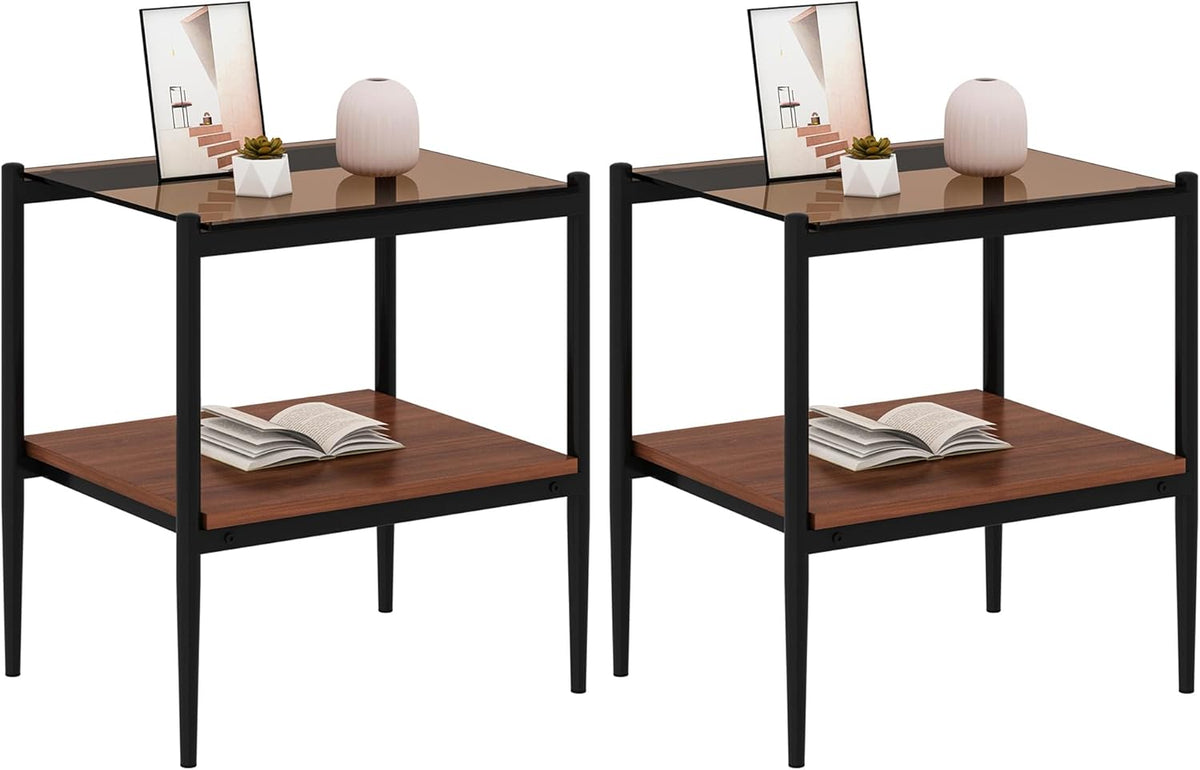 Brown Tempered Glass 2-Tier Coffee Table with White Metal Legs, Modern Tea Table for Living Room, Bedroom, and Dining Room, Stylish and Functional Glass Coffee Table for Home Decor