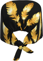 Cleaning Working Cap Glowing Golden Feathers Printed Chef Hat for Women & Men, Adjustable, Breathable