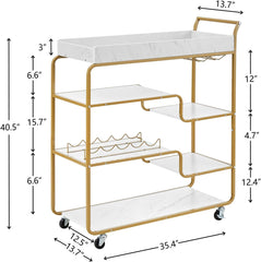 6 Tier Bar Cart, Rolling Home Bar Serving Cart on Wheels, Beverage Cart with Wine Rack and Glass Holder, Kitchen Serving Cart, Liquor Beverage Cart, for Living Room, Dining Room, Gold