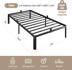 Metal Bed Frame Twin Size, 14 Inch 3500 lbs Heavy Duty Platform Bed Frames Steel Slats Noise Free No Box Spring Needed, Easy Assemble Sturdy Bedframe Rounded Corner with Storage and Mattress Retainers