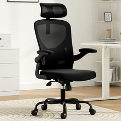Ergonomic Office Chair with Headrest - Adjustable Lumbar Support Mesh Desk Chair for Long Hours Working & Home Office Use - High Back Computer Chair with Flip-Up Arms & Breathable Design f