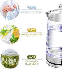 Electric Glass Kettle 2L with Stainless Steel Filter, 1000W, Auto Shutoff, Boil-Dry Protection, Perfect Pour Spout for Coffee, Tea & Beverages