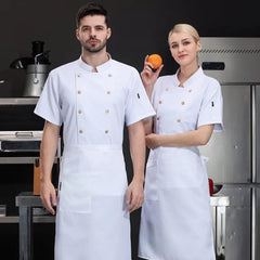 Maizoon Professional Double-Breasted Chef Uniform Set Short Sleeve Jacket with Large Brass Buttons & Matching Apron Outfit