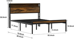 Queen Size Bed Frame with Wood Storage Headboard, Metal Platform Bed with Smart LED Lights and USB Charging Station, Under Bed Storage, No Box Spring Needed, Easy Assembly (Antique Brown, Queen)
