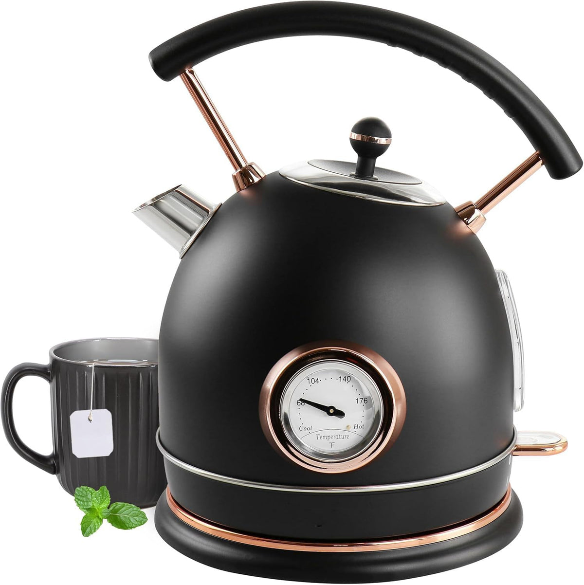 1.9 Quart Electric Tea Kettle with Thermostat – Retro Half Circle Stainless Steel Kettle, Fast Boil with Temperature Gauge, Cordless Base, Matte Black or White Finish (Black)