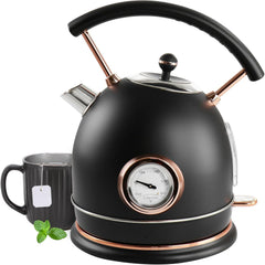 1.9 Quart Electric Tea Kettle with Thermostat – Retro Half Circle Stainless Steel Kettle, Fast Boil with Temperature Gauge, Cordless Base, Matte Black or White Finish (Black)