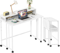 Gezen Folding Desk With Storage Shelf, Small Rolling With Wheels, Mobile Couch Sofa Side Table Bed for Home Office Small Space, Dark Grey, 39.4"