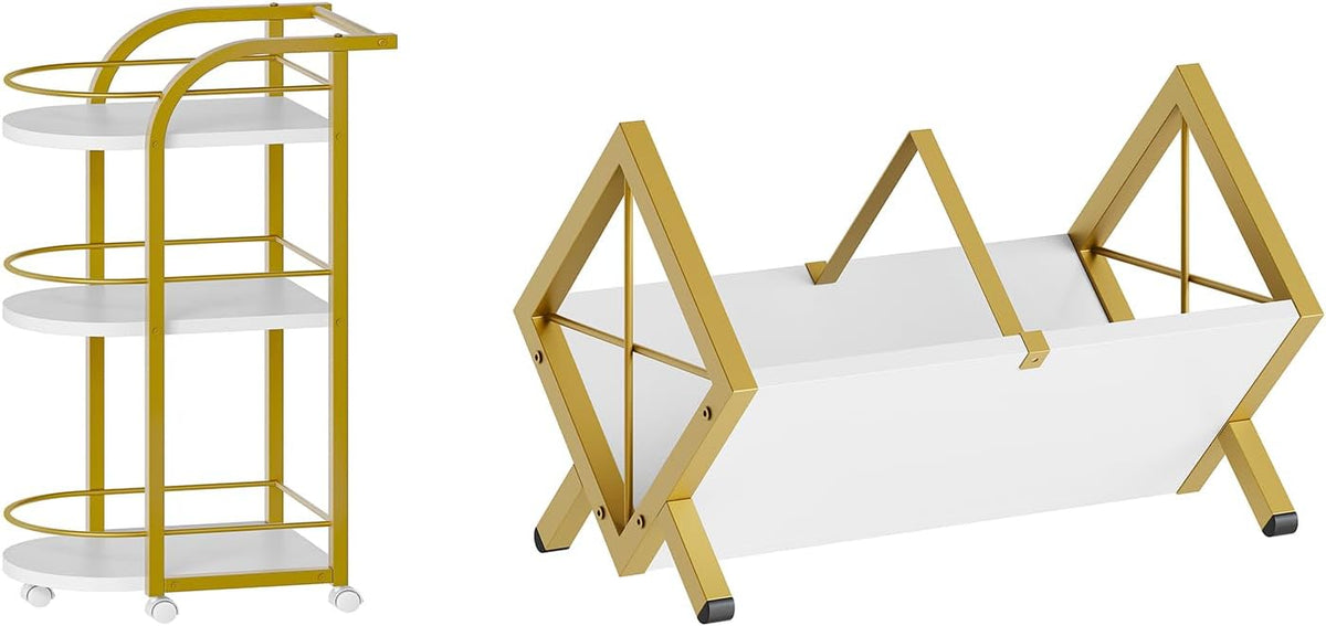 3-Tier Bar Cart, Home Bar Serving Cart with Fence and Wheels, Vinyl Record Holder, Holds 80-100 L Record Storage Rack, BC06DW-CJ06DW