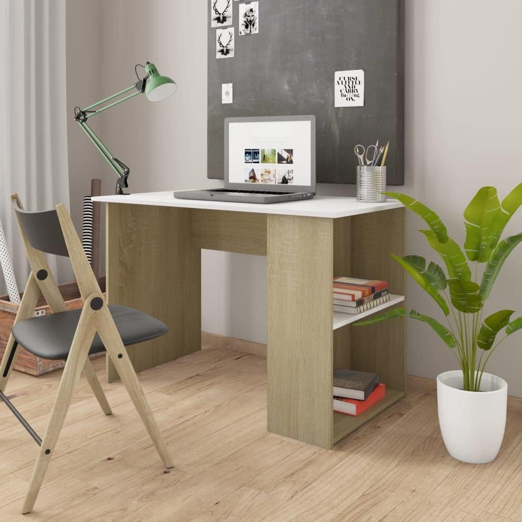 White Computer Desk with Shelves 43.3 Inch Small Office Desk for Home Compact Study Table Engineered Wood Workstation for Small Spaces Bedroom Dorm