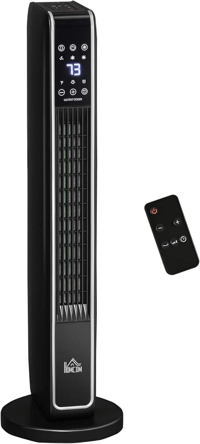 HOMCOM 2-In-1 Portable Electric Tower Heater, Oscillating Space Heater for Indoor Use with Remote Control, 8H Timer, Three Heating Modes(High, Low, Fan), 750W / 1500W, Black