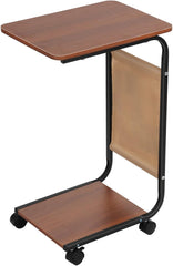 C Shaped End Table, Rectangle Side Table, Night Stand with 2-Tier Storage Shelf and Fabric Storage Bag, Living Room Small Coffee Table, Wood Finish Bedside Table for Bedroom Brown