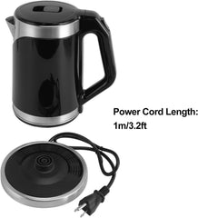 Double Wall Stainless Steel Electric Kettle 900W Automatic Power Off 2L US Plug 110‑130V, Large Capacity for Home with Long Cable for Office (Black)