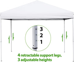 HomGarden Pop Up Canopy Tent, One-Button Push Setup, Portable Gazebo Shelter for Patio Deck Garden and Beach Adjustable Height Instant Portable Shelter 4 Weight Bags White