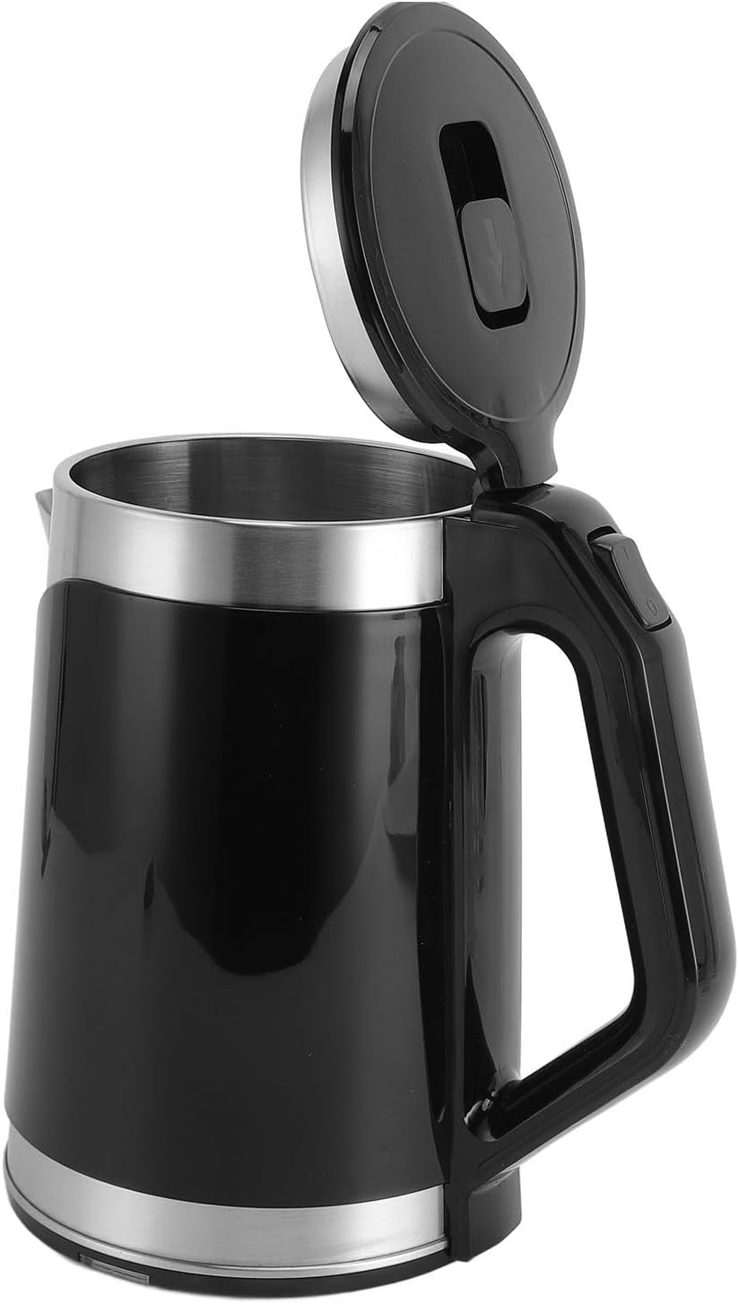 Double Wall Stainless Steel Electric Kettle 900W Automatic Power Off 2L US Plug 110‑130V, Large Capacity for Home with Long Cable for Office (Black)