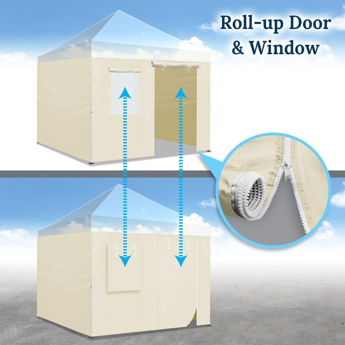 YardGrow 10'x10' Full Zippered Walls for Easy Pop Up Canopy Tent, Enclosure Sidewall Kit with Roller Up Mesh Window and Door, 4 Walls ONLY, Frame not Included (Ecru)