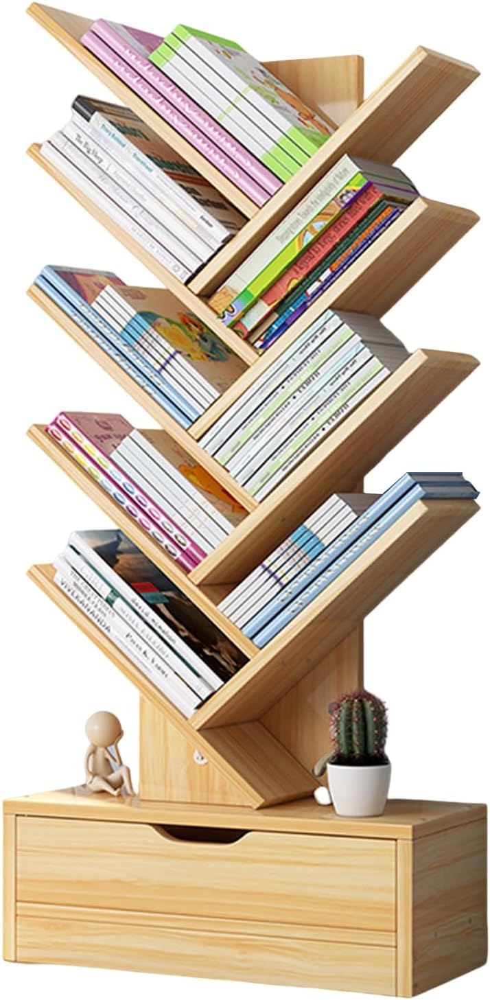 8 Tier Book Shelf 48 Inches Tall with Drawers, Kids Wood Bookshelf Modern Open Narrow for Books and Plants Display, Creative Tree Shape Etagere Bookcase for Bedroom, Living Room, Classroom Wooden Col