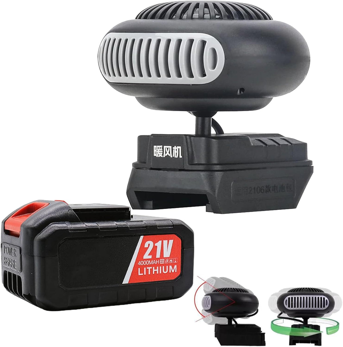 Battery Powered Heater, Battery Operated Car Heater, 360° Rotation Cordless Space Heaters for 18v Battery, 2 Levels Adjustable, Portable Heaters for Indoors/Car/Camping (15-Cell Battery)