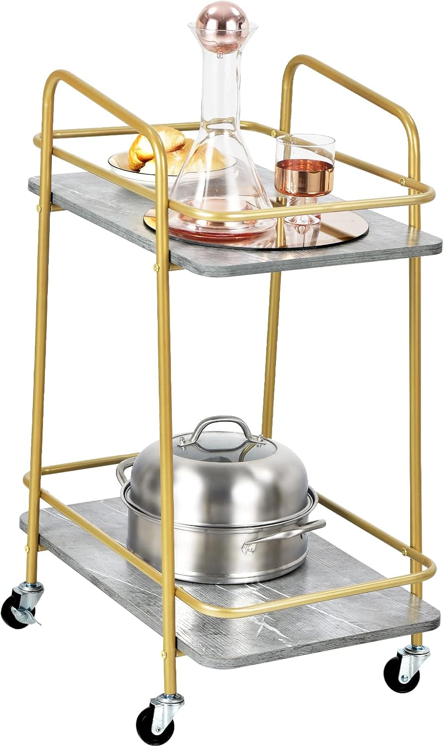 LOKO Gold Bar Cart, 2-Tier Liquor Cart with Lockable Wheels, Rolling Wine Cart Bar Serving Cart with 2 Shelves for Kitchen, Dining Room & Living Room, 24 x 16 x 32.5 inches