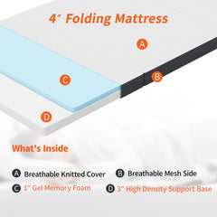4 inch Tri Fold Folding Mattress Memory Foam Mattress Topper Portable Foldable Mattress Topper for Camping, Guest, Floor RV, CertiPUR-US Certified, with Washable Cover, Easy Storage, Twin XL