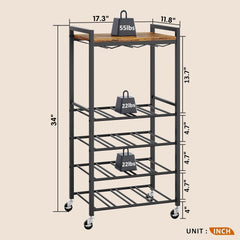 Bar Cart with Glass Holder, Rolling Wine Rack with Top Shelf, 5-Tier Serving Cart on Wheels for Kitchen, Dining Room, Living Room, Holds 16 Bottles & 9 Glasses (Rustic Brown, 5-Tier)
