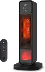 Indoor space heater, 1500W 3D flame ceramic tower heater, ultra-quiet portable electric heater, equipped with digital thermostat and remote control