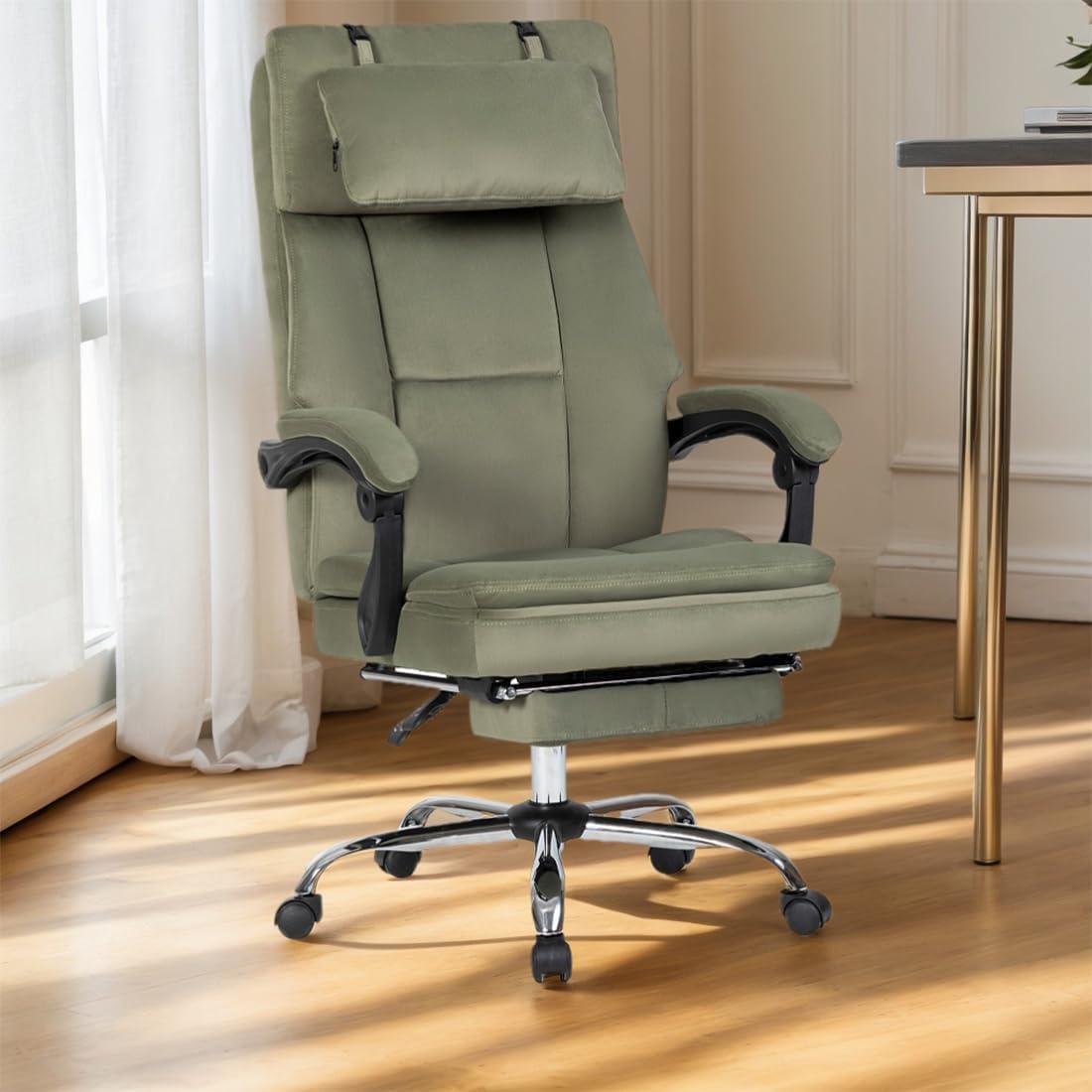 Office Chair, Big and Tall Executive Office Chair with Footrest & Removable Headrest, High Back Ergonomic Computer Desk Chair Work Chair with Comfortable Frosted Velvet (Beige)