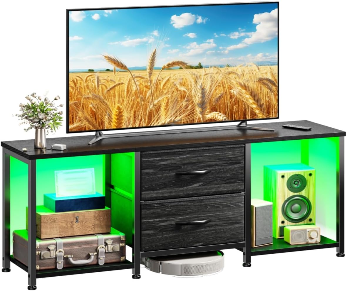 LED TV Stand Dresser for TVs up to 55 Inch, Entertainment Center with 2 Fabric Drawers and 2 Open Storage Shelves, Coffee Table Television Stands for Living Room, Bedroom, Wood Top, Metal Frame, Black