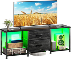 LED TV Stand Dresser for TVs up to 55 Inch, Entertainment Center with 2 Fabric Drawers and 2 Open Storage Shelves, Coffee Table Television Stands for Living Room, Bedroom, Wood Top, Metal Frame, Black