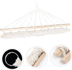 Toyvian Creative Beige Single Person Outdoor Mesh Hammock Bed with Solid Wood Bar Camping Swing for Adults Safe and Sturdy Hanging Garden Lounger