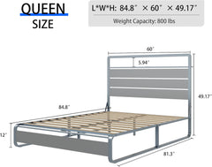 Silver Queen Bed Frame with Storage Headboard, Metal Platform Bed with LED Lights and Charging Station, Heavy Duty Wood Slat Support, No Box Spring Needed, Easy Assembly (Silver, Queen)