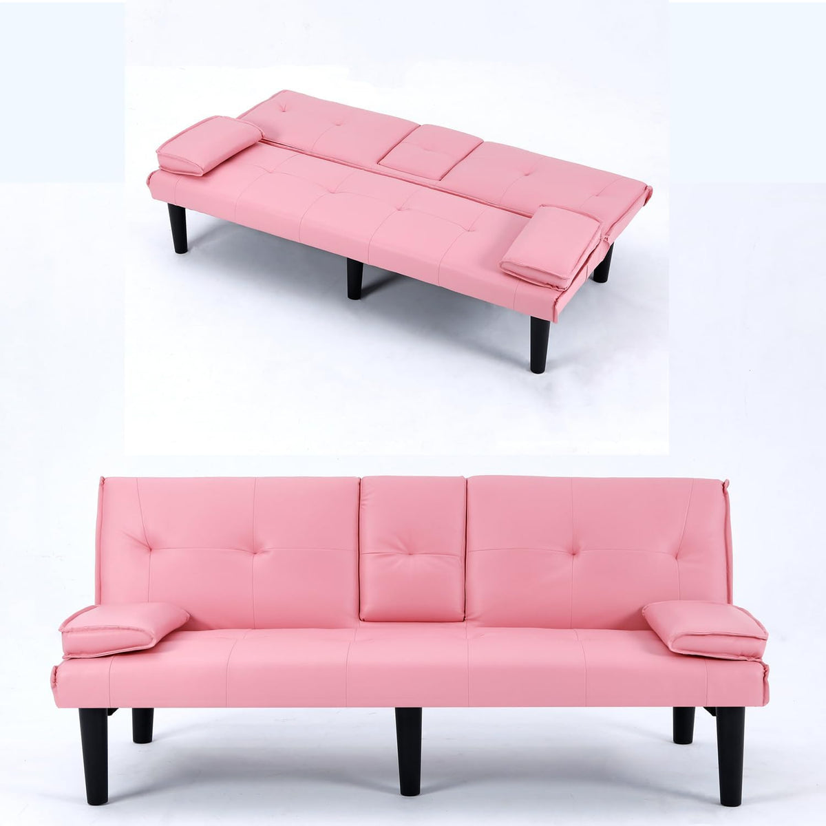 67-inch Convertible Folding Futon Sofa Bed Sleeper Couch PVC Upholstered Loveseat with 2 Cup Holders, 3 Adjustable Positions for Living Room、 Small Spaces、Apartments、Offices (Green)