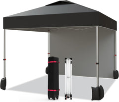 10x10 Ft Pop Up Canopy Tent, Portable Commercial Canopy with Vented Top Roller Bag,1 Removable Sidewall, 4 Sandbags, 4 Ropes and 8 Tent Stakes, Easy Outdoor Sun Shade for Events, Parties, Black