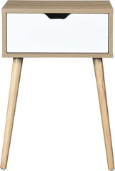 Mid-Century Modern Side Table: White Nightstand with Drawer - Rubber Wood Legs & MDF Top for Bedroom & Living Room - 15.7x11.8x23.6 Inches Easy Assembly Furniture