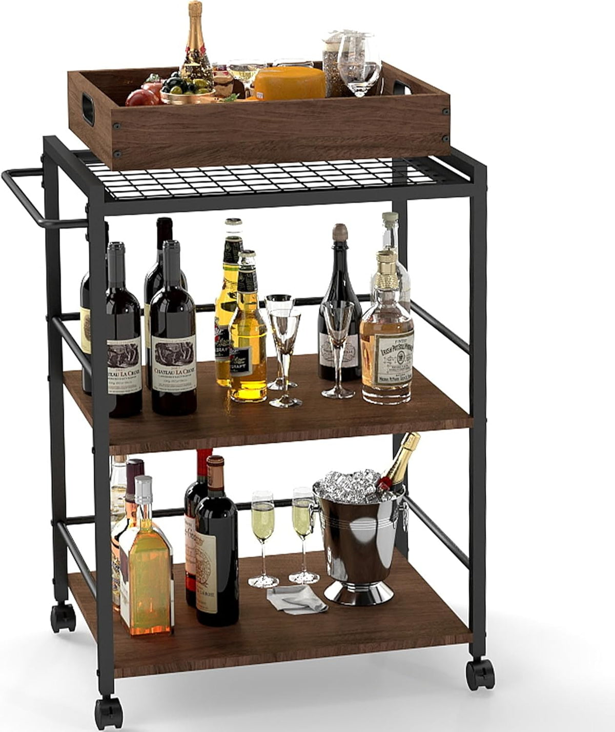 3 Tier Kitchen Cart, Rolling Bar Cart for Tea, Coffee, Liquor, and Drink Service with Removable Serving Detachable Server, Rustic Brown and Black