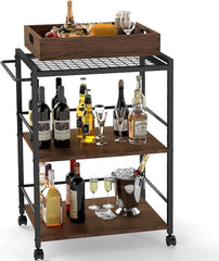 3 Tier Kitchen Cart, Rolling Bar Cart for Tea, Coffee, Liquor, and Drink Service with Removable Serving Detachable Server, Rustic Brown and Black