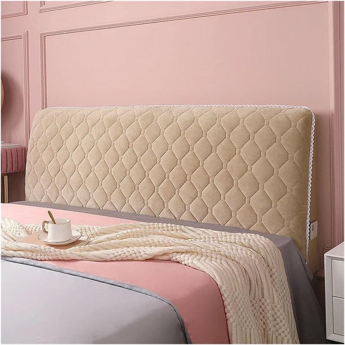 Bed Headboard Cover Soft Thicken Quilted Headboard Cover Solid Color All-Inclusive Universal Bed Head Cover Luxury Bed Back Protector Cover(Beige,W240 x H70cm)