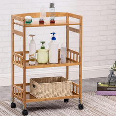 Rolling Home Bar Serving Cart,3-Tier Bamboo Kitchen Serving Trolley,Utility Cart with Removable Trays for Livingroom Bathroom Kitchen