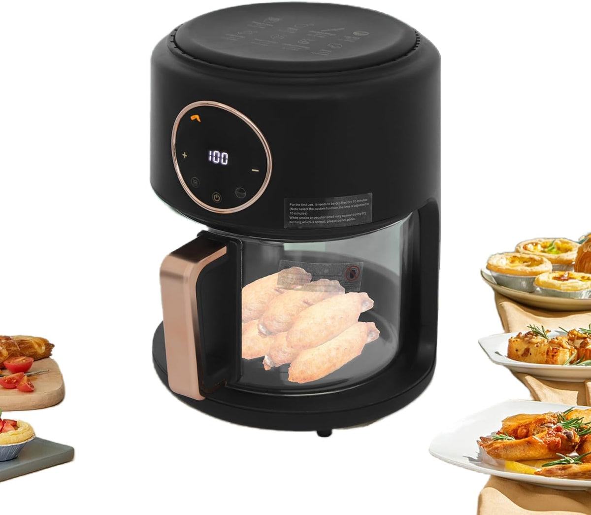 1200W Glass Air Fryer with 360° Viewable Basket, 3.8QT Borosilicate Airfryer with Touchscreen & 8 Presets Oil-Free Cooker for Family/Outdoor Use (White)