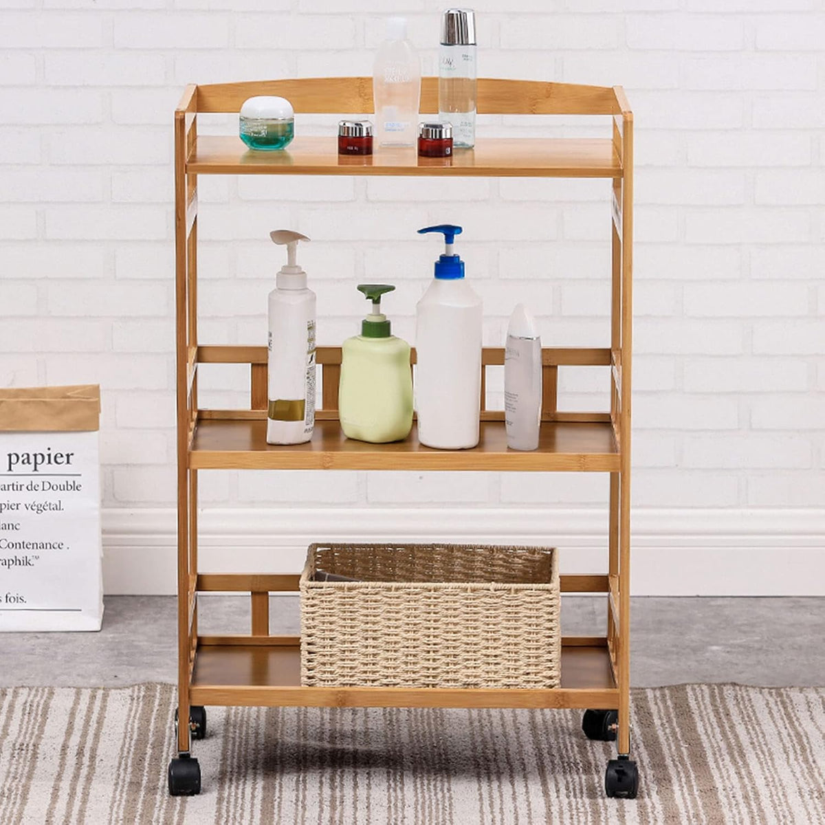 Rolling Home Bar Serving Cart,3-Tier Bamboo Kitchen Serving Trolley,Utility Cart with Removable Trays for Livingroom Bathroom Kitchen