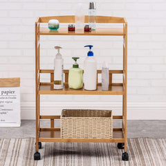Rolling Home Bar Serving Cart,3-Tier Bamboo Kitchen Serving Trolley,Utility Cart with Removable Trays for Livingroom Bathroom Kitchen