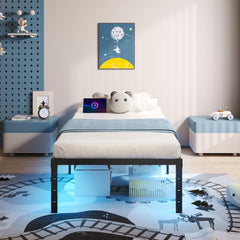 Twin Bed Frame with LED Lights & Charging Station - 14 Inch Heavy Duty Metal Platform Bed Frame No Box Spring Needed, Easy Assembly, No Noise