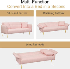 Modern Convertible Futon Sofa Bed with Adjustable Backrest and Folding Armrests, 70" Boucle Fabric Loveseat Sleeper Small Couch for Living Room, Bedroom, Apartment (Pink)