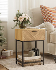 Masupu Nightstand,Bedside Tables with Storage Drawer,Tall Nightstand with Herringbone Pattern,Bedside Furniture,Small Side Table for Small Spaces, Bedroom, Living Room, Rustic Oak