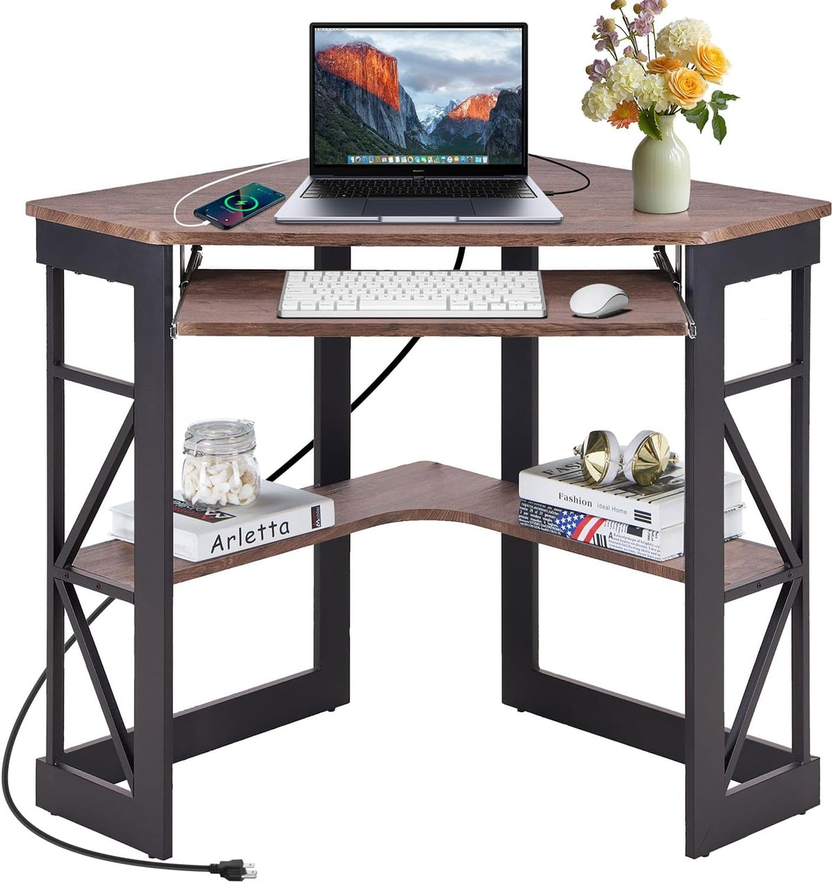 VECELO Corner Desk Computer Desk 41x30 inches with Charging Station & Keyboard & Storage Shelves for Small Space,Triangle Table for Home Office Bedroom,Rustic Natural Brown
