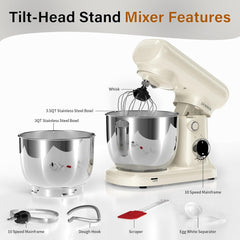 Stand Mixer with 3QT+3.5QT Dual Bowls, 10-Speed Electric 300W Food Mixer - Includes Egg Whisk, Dough Hook & Flat Beater for Home Baking & Daily Cooking (GraySilver)