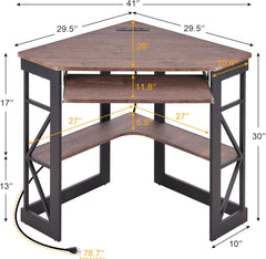 VECELO Corner Desk Computer Desk 41x30 inches with Charging Station & Keyboard & Storage Shelves for Small Space,Triangle Table for Home Office Bedroom,Rustic Natural Brown