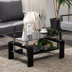 Rectangle Glass Coffee Table, Living Room Rectangle Glass Coffee Table 2-Tier Tea Table Coffee Glass Table with Lower Shelf End Table Modern Glass Side Table Large Storage Space, Black